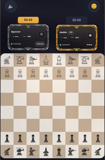 Mobile Anarchy Chess match interface with timers, connected players, and the custom board.