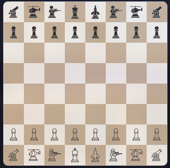 Anarchy Chess board with military-themed custom pieces lined up for play.